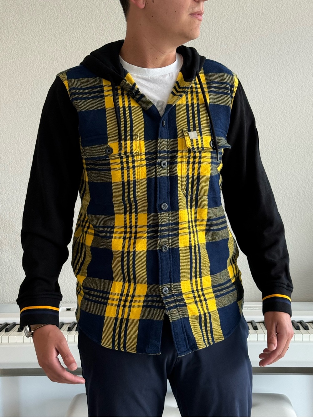Men's NBA Denver Nuggets Hooded Plaid Button-Up Jacket - Yellow & Navy - Picture 1 of 9